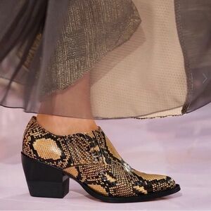 Chloe Snake-Print Heeled Ankle Boot in Beige and Black